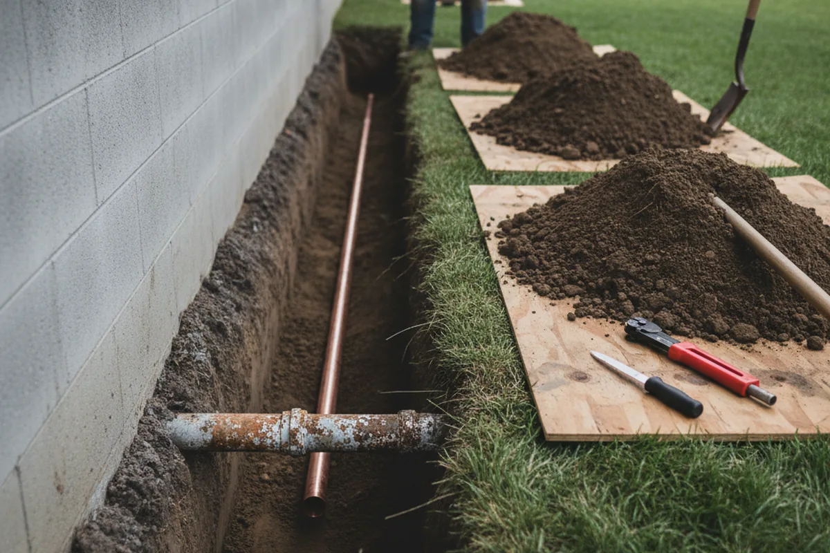 Excavated water line trench during Water Softener Installation in Santee